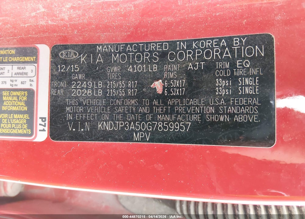 2016 KIA SOUL + VIN: KNDJP3A50G7859957