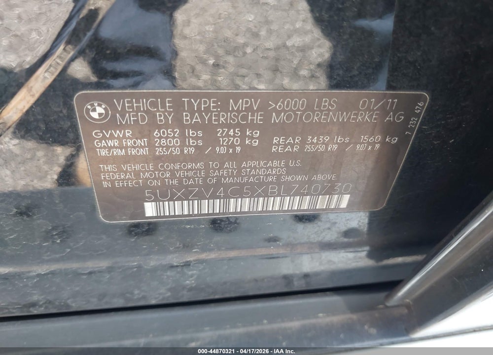 2011 BMW X5 XDRIVE35I/XDRIVE35I PREMIUM/XDRIVE35I SPORT ACTIVITY VIN: 5UXZV4C5XBL740730