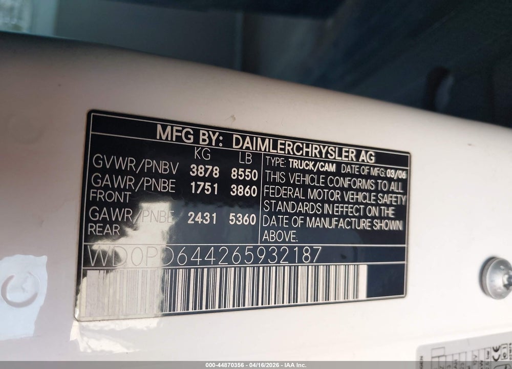 2006 DODGE SPRINTER VAN 2500 SHC VIN: WD0PD644265932187
