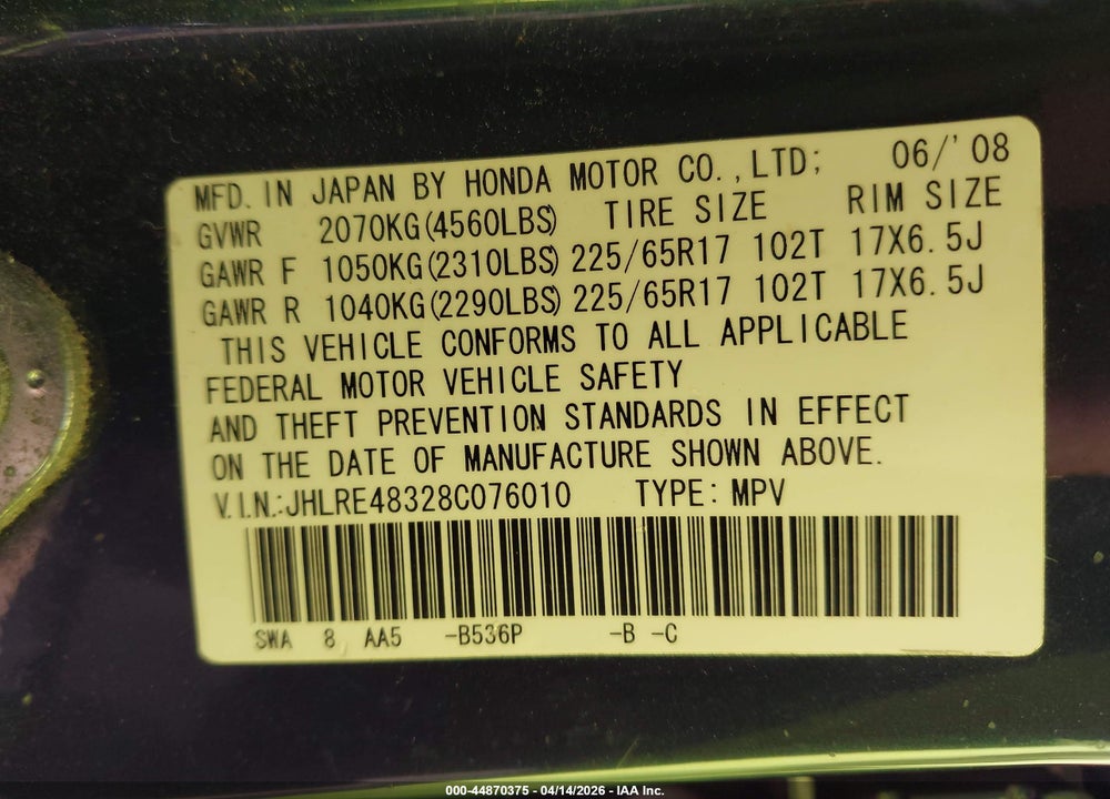 2008 HONDA CR-V LX VIN: JHLRE48328C076010