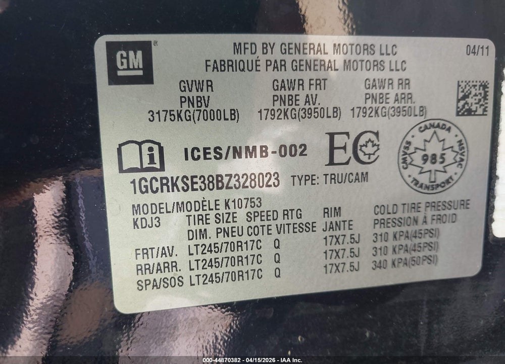 2011 CHEVROLET SILVERADO 1500 LT VIN: 1GCRKSE38BZ328023