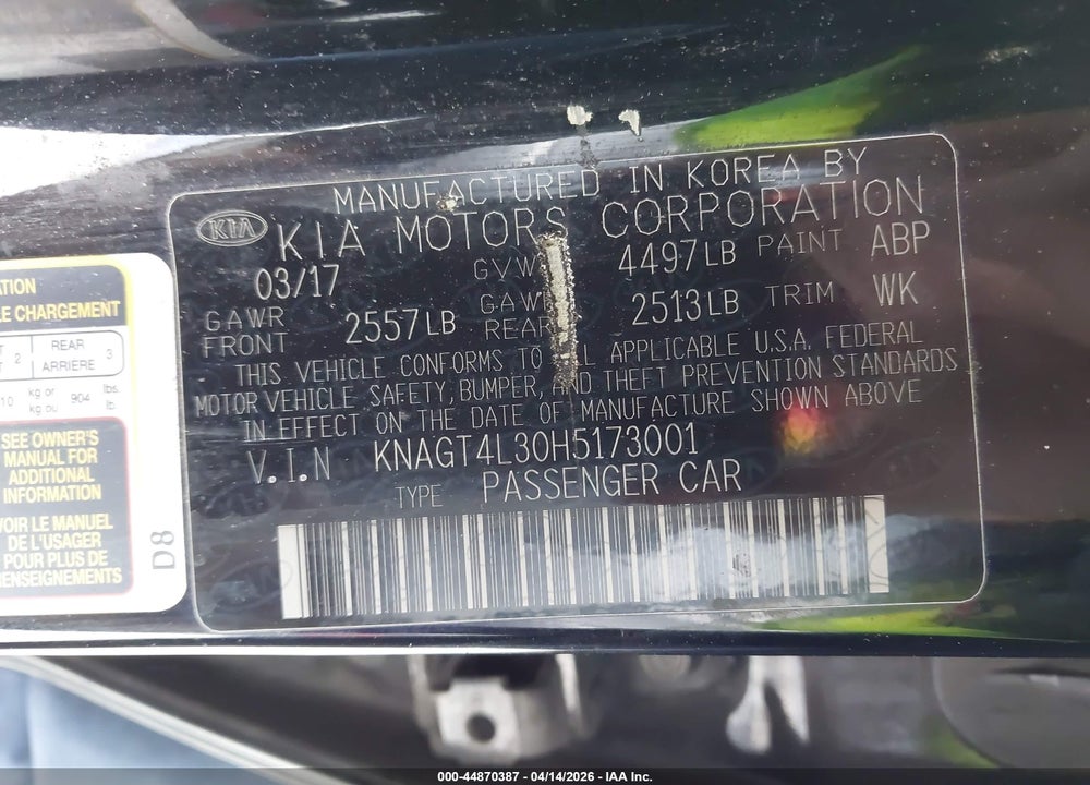 2017 KIA OPTIMA LX VIN: KNAGT4L30H5173001