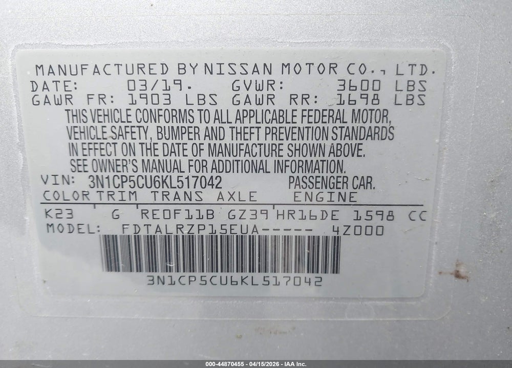 2019 NISSAN KICKS S VIN: 3N1CP5CU6KL517042