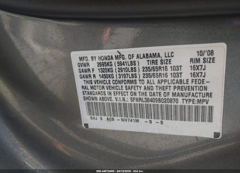 2009 HONDA ODYSSEY EX VIN: 5FNRL38409B020870