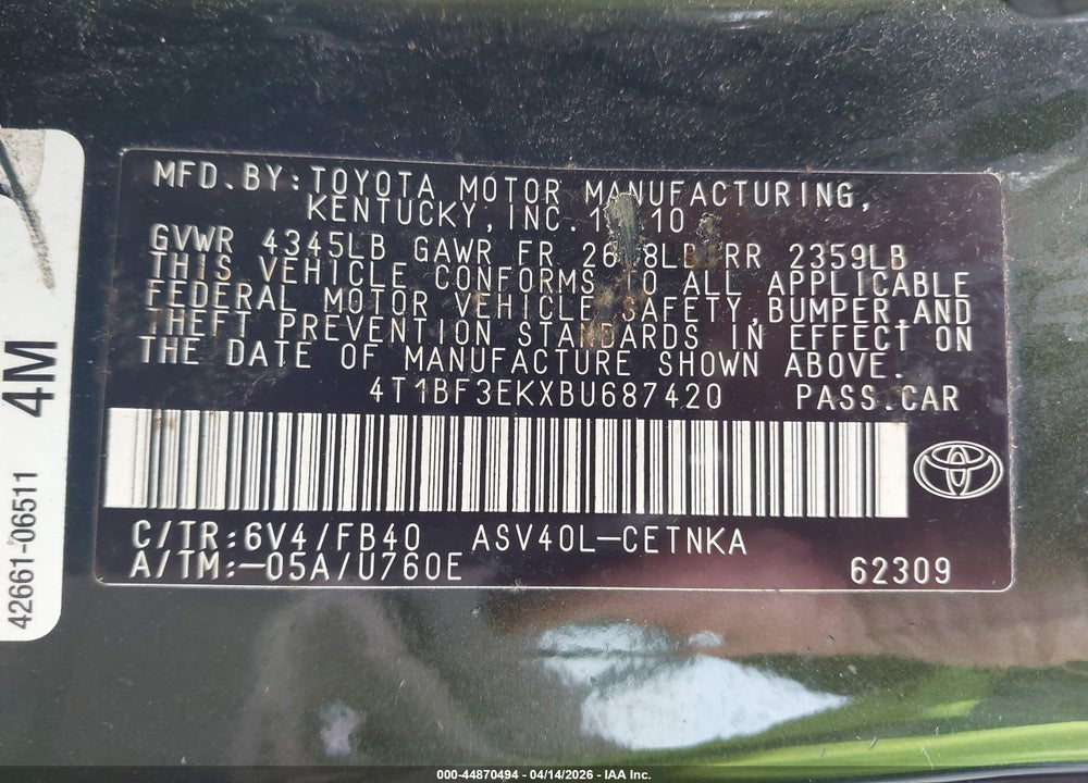 2011 TOYOTA CAMRY LE VIN: 4T1BF3EKXBU687420