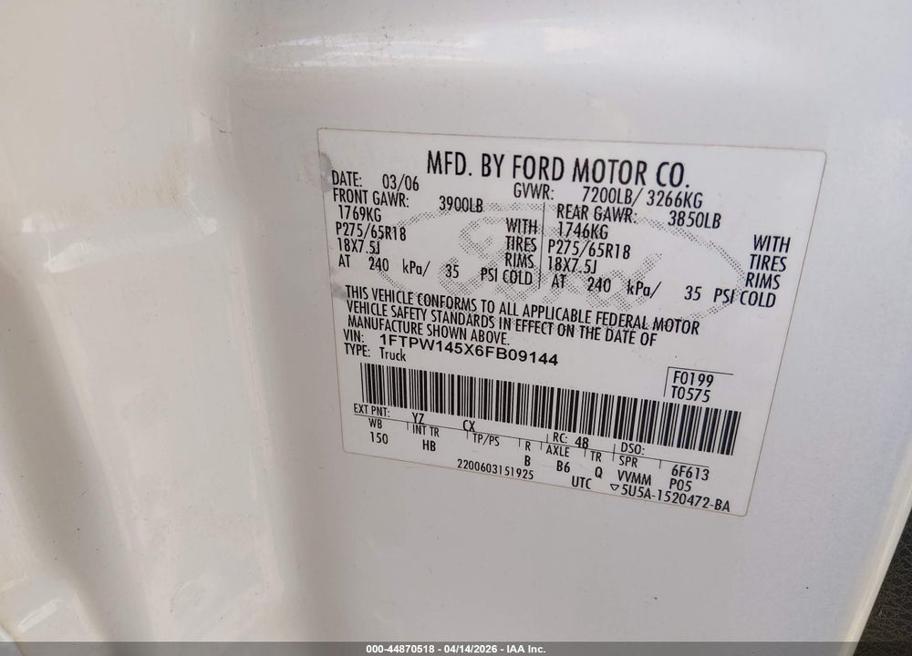 2006 FORD F-150 FX4/LARIAT/XLT VIN: 1FTPW145X6FB09144
