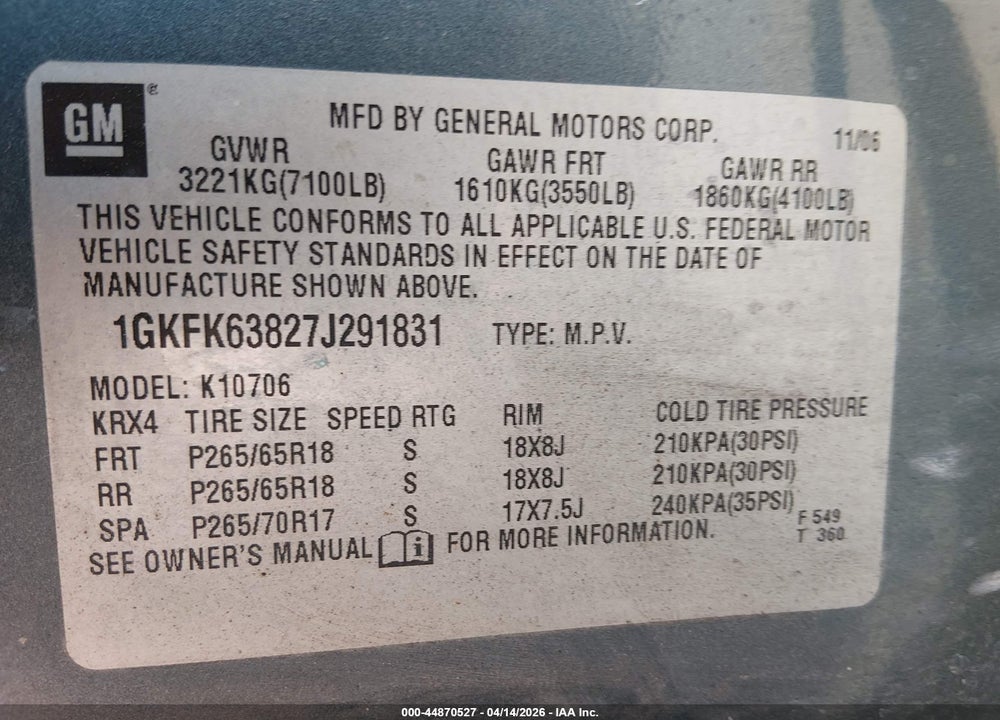 2007 GMC YUKON DENALI VIN: 1GKFK63827J291831
