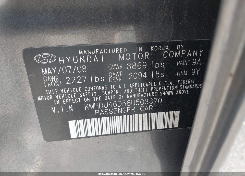 2008 HYUNDAI ELANTRA GLS/SE VIN: KMHDU46D58U503370
