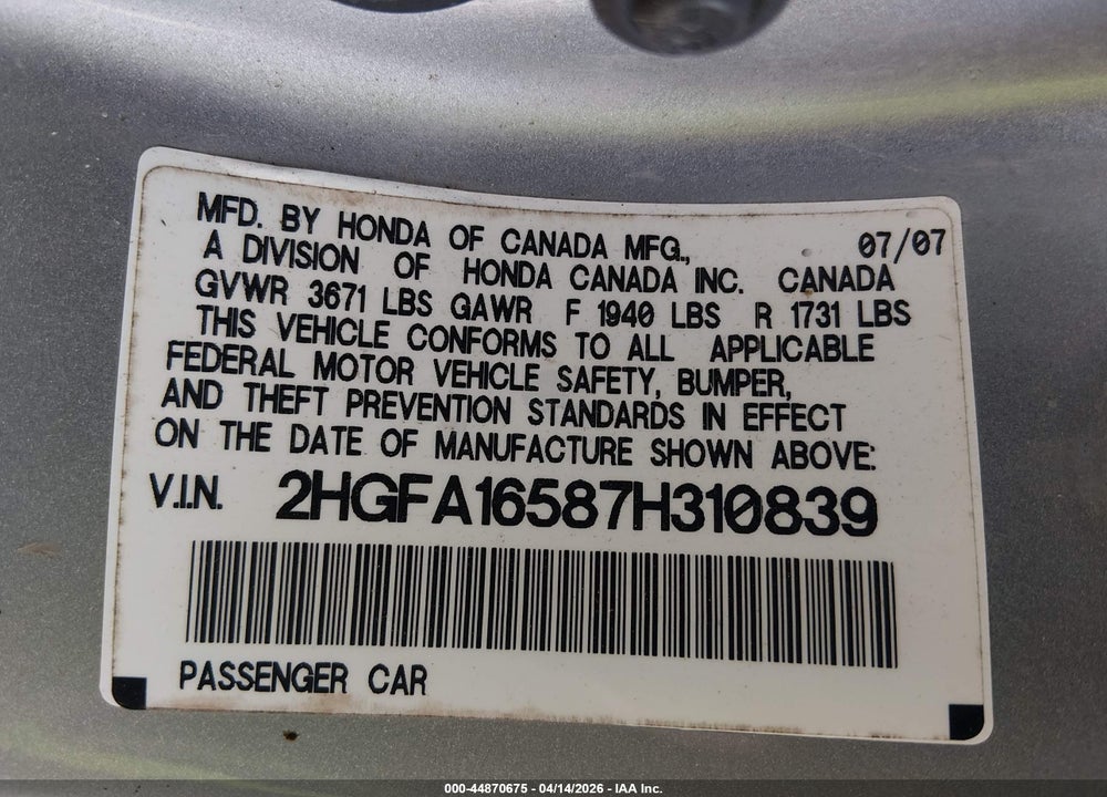 2007 HONDA CIVIC LX VIN: 2HGFA16587H310839