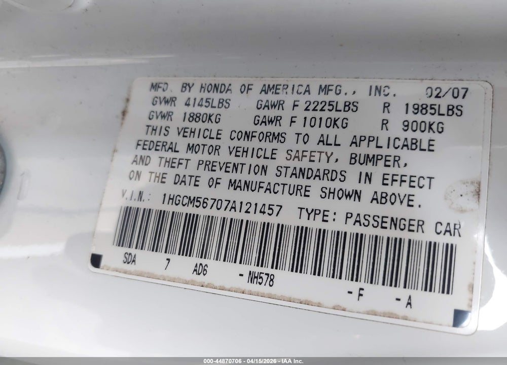2007 HONDA ACCORD 2.4 EX VIN: 1HGCM56707A121457