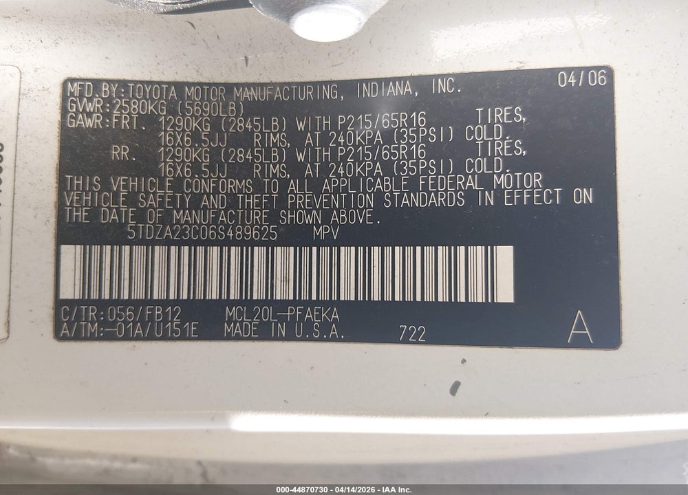 2006 TOYOTA SIENNA CE VIN: 5TDZA23C06S489625