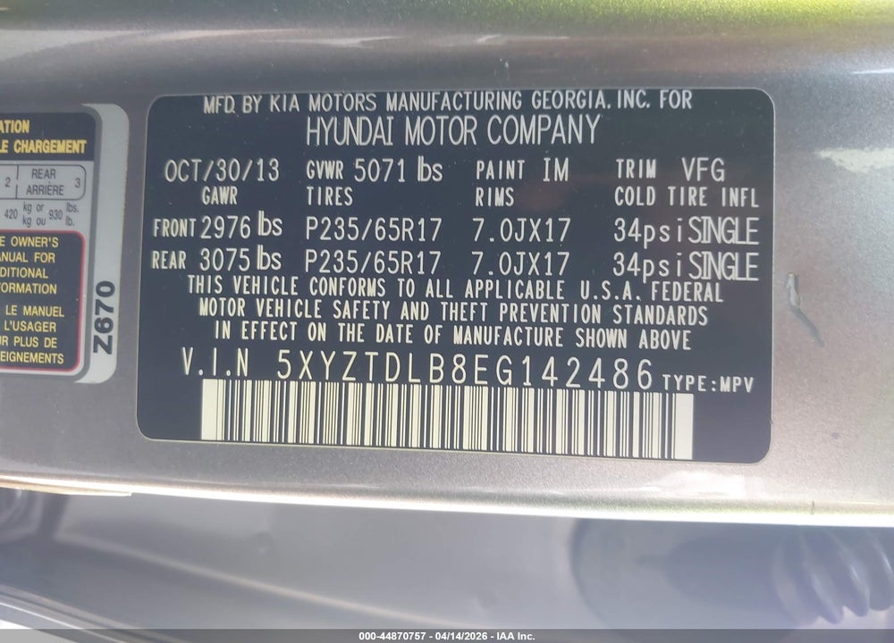 2014 HYUNDAI SANTA FE SPORT 2.4L VIN: 5XYZTDLB8EG142486