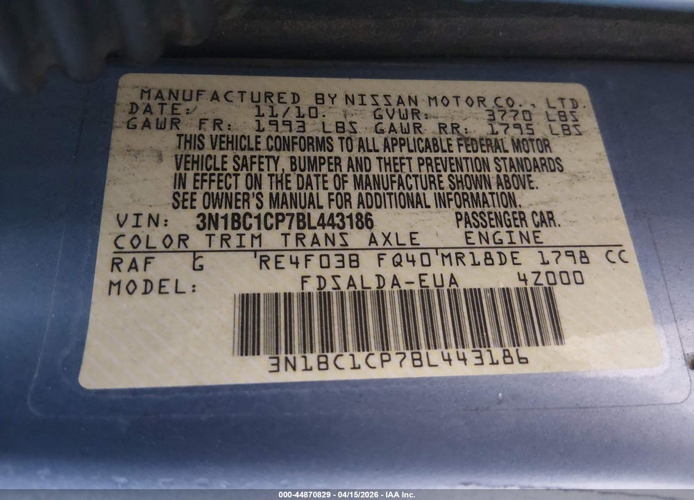 2011 NISSAN VERSA 1.8 S VIN: 3N1BC1CP7BL443186