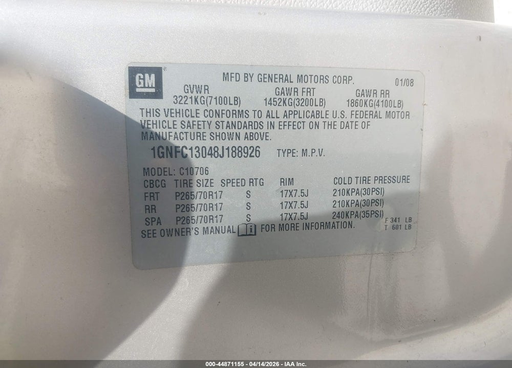2008 CHEVROLET TAHOE LT VIN: 1GNFC13048J188926