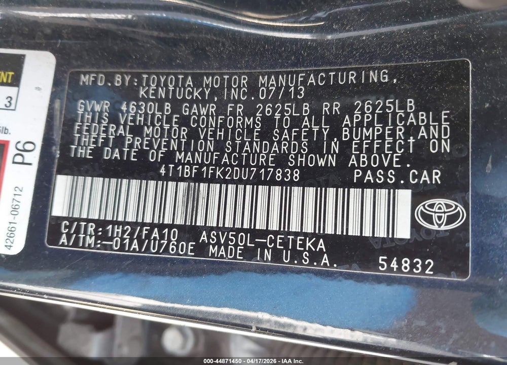 2013 TOYOTA CAMRY L VIN: 4T1BF1FK2DU717838
