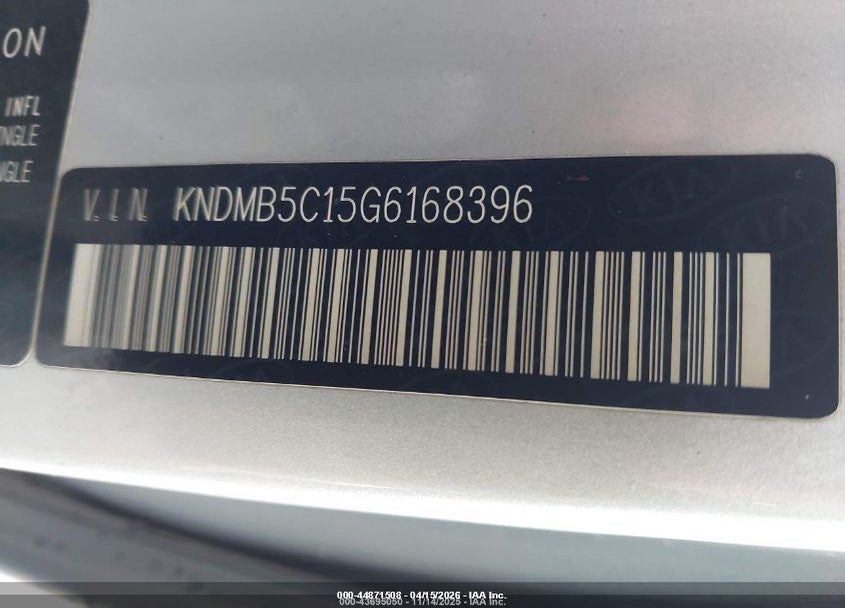 2016 KIA SEDONA LX VIN: KNDMB5C15G6168396