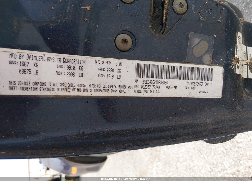 2001 DODGE NEON SE VIN: 1B3ES46C21D230854