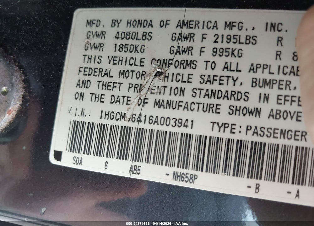 2006 HONDA ACCORD 2.4 LX VIN: 1HGCM56416A003941