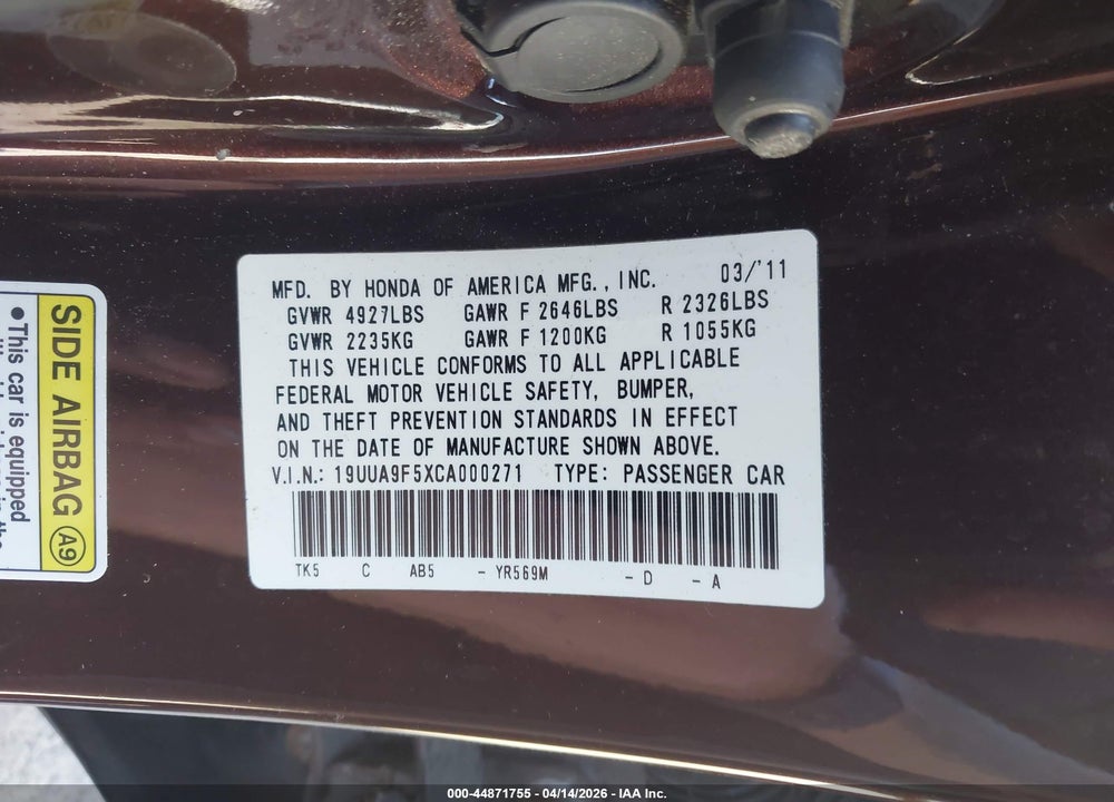 2012 ACURA TL 3.7 VIN: 19UUA9F5XCA000271