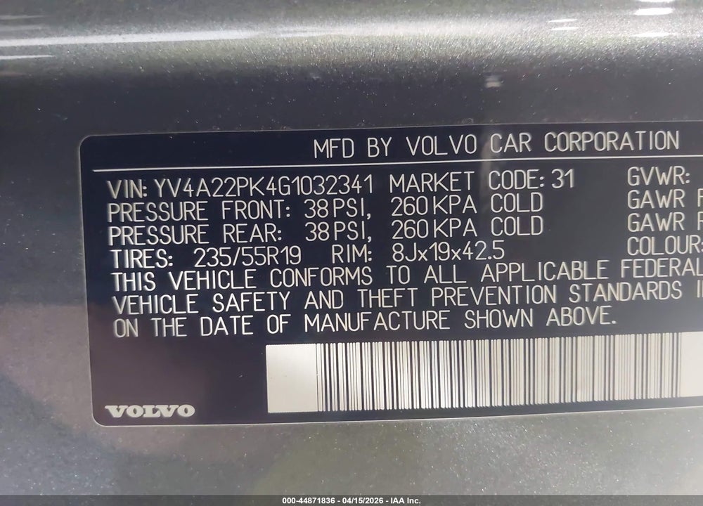 2016 VOLVO XC90 T6 MOMENTUM VIN: YV4A22PK4G1032341