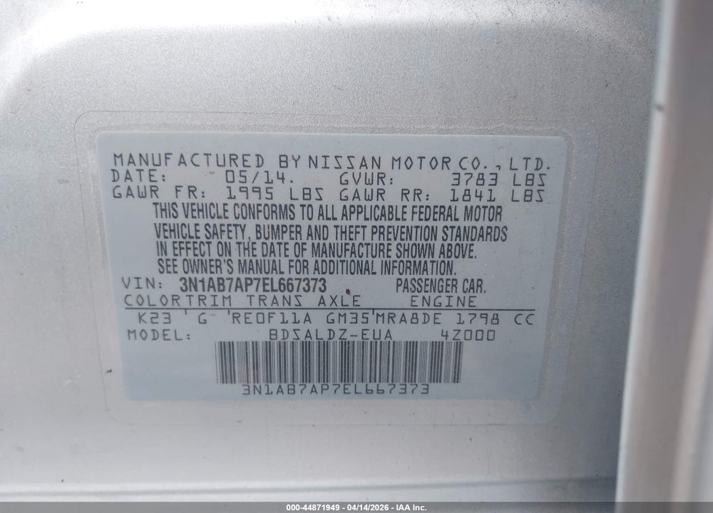 2014 NISSAN SENTRA FE+ S/FE+ SV/S/SL/SR/SV VIN: 3N1AB7AP7EL667373