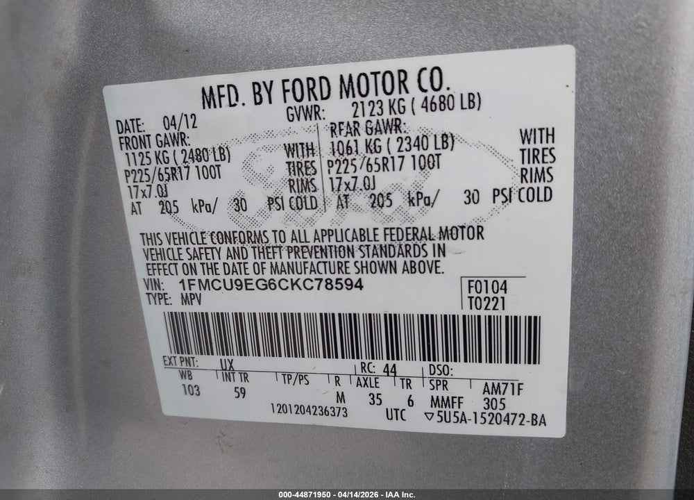 2012 FORD ESCAPE LIMITED VIN: 1FMCU9EG6CKC78594