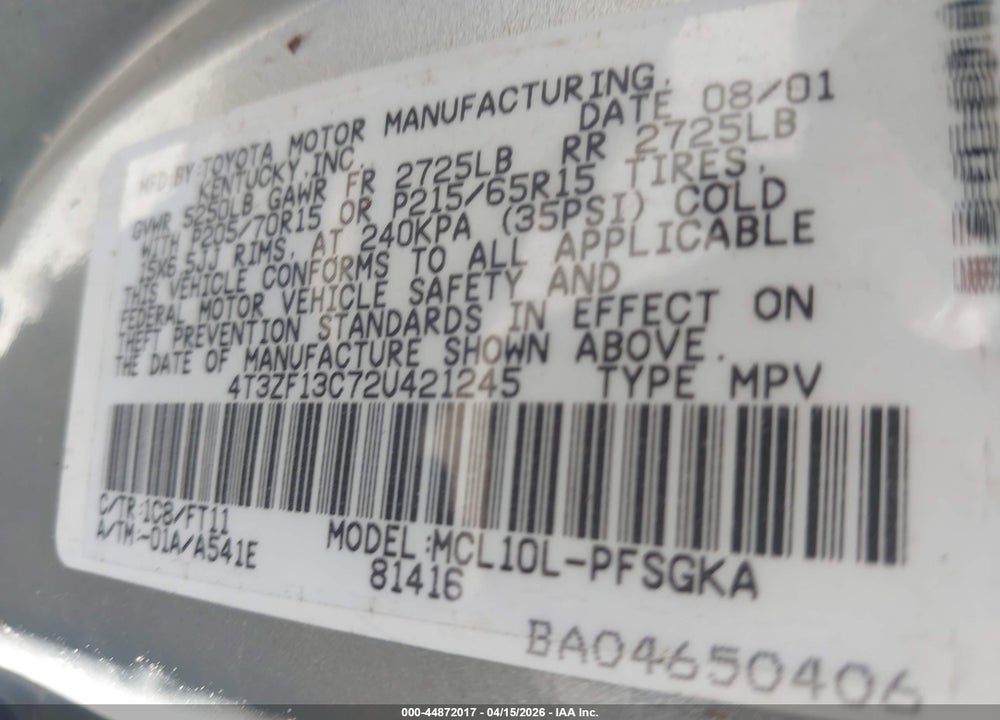 2002 TOYOTA SIENNA LE VIN: 4T3ZF13C72U421245