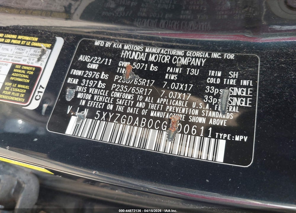 2012 HYUNDAI SANTA FE GLS VIN: 5XYZGDAB0CG100611