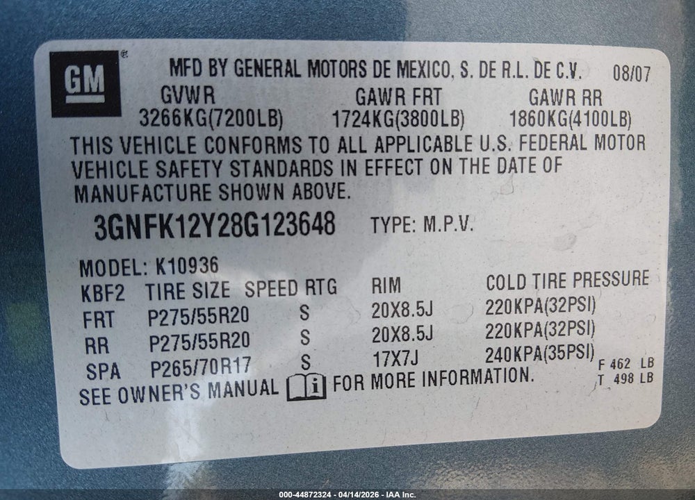 2008 CHEVROLET AVALANCHE 1500 LT VIN: 3GNFK12Y28G123648