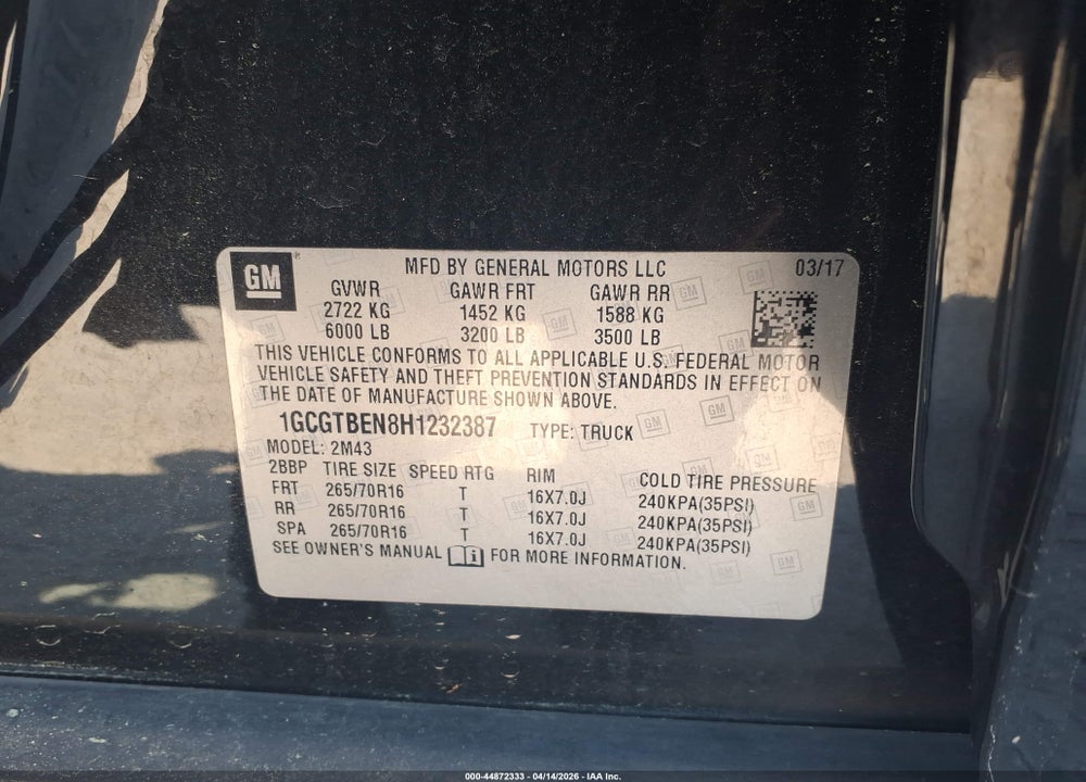 2017 CHEVROLET COLORADO WT VIN: 1GCGTBEN8H1232387
