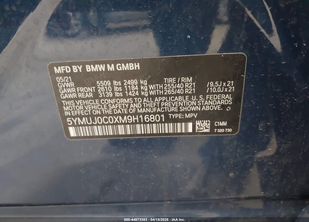 2021 BMW X4 M VIN: 5YMUJ0C0XM9H16801