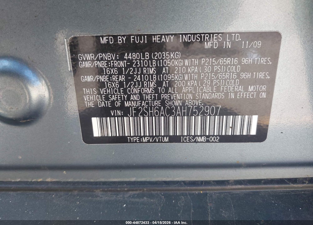 2010 SUBARU FORESTER 2.5X VIN: JF2SH6AC3AH752907