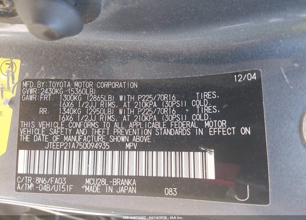 2005 TOYOTA HIGHLANDER V6 VIN: JTEEP21A750094935