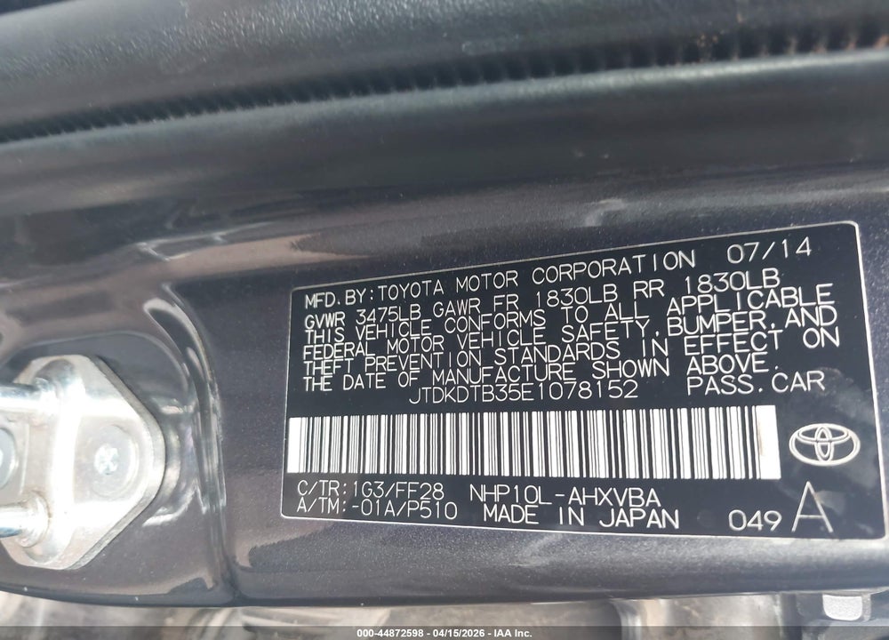 2014 TOYOTA PRIUS C TWO VIN: JTDKDTB35E1078152
