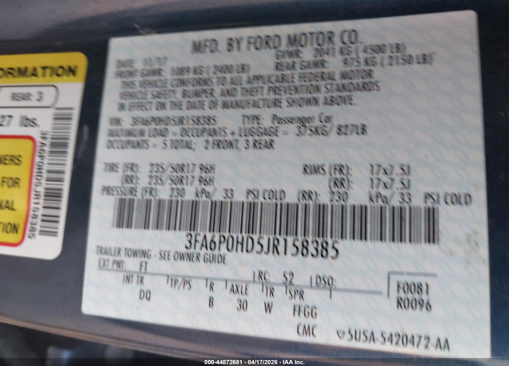 2018 FORD FUSION SE VIN: 3FA6P0HD5JR158385