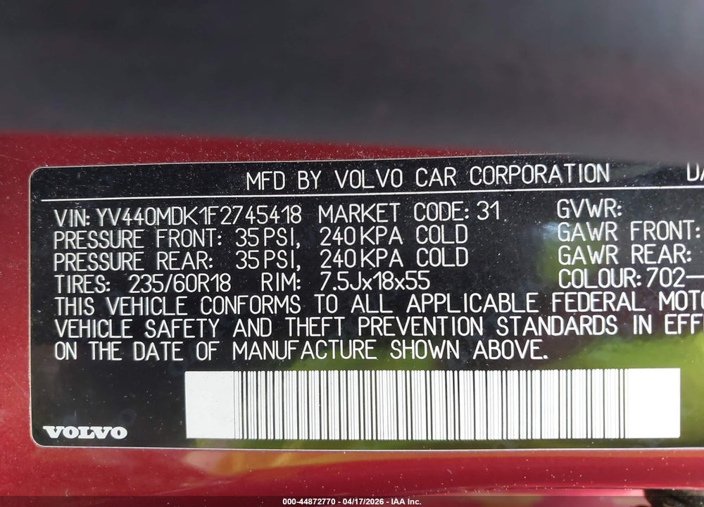 2015 VOLVO XC60 T5 PREMIER VIN: YV440MDK1F2745418