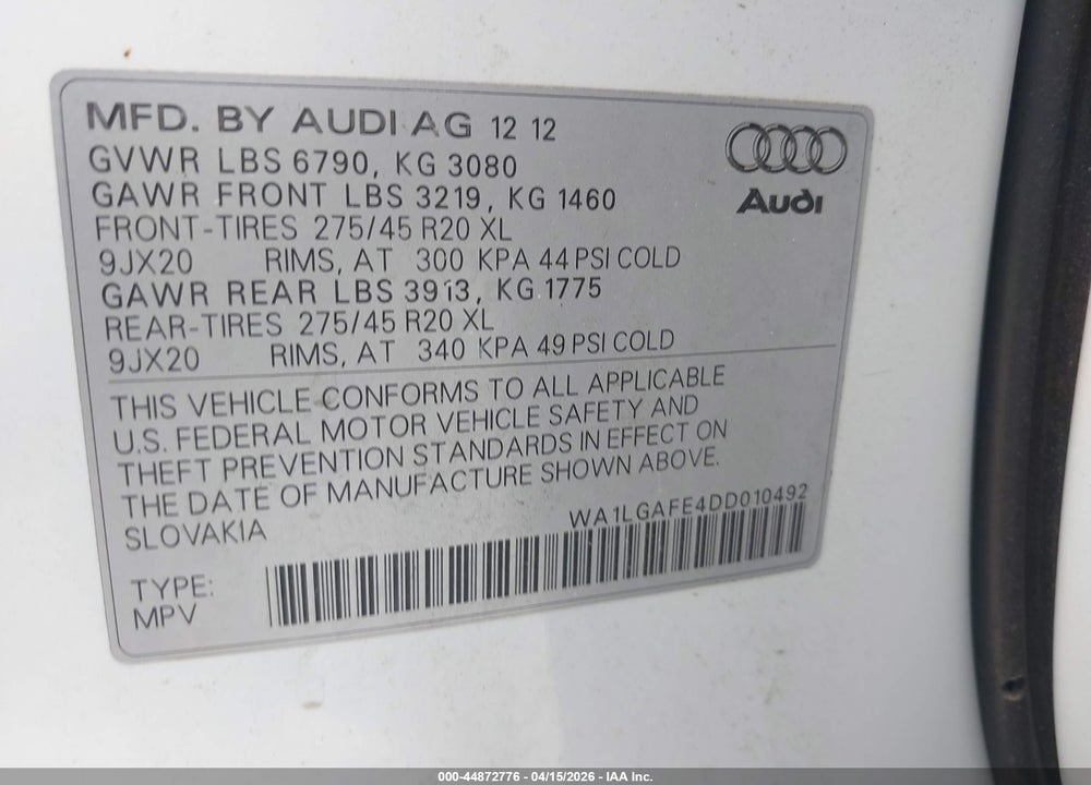 2013 AUDI Q7 3.0T PREMIUM VIN: WA1LGAFE4DD010492