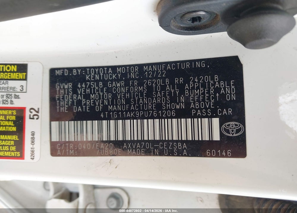 2023 TOYOTA CAMRY SE VIN: 4T1G11AK9PU761206