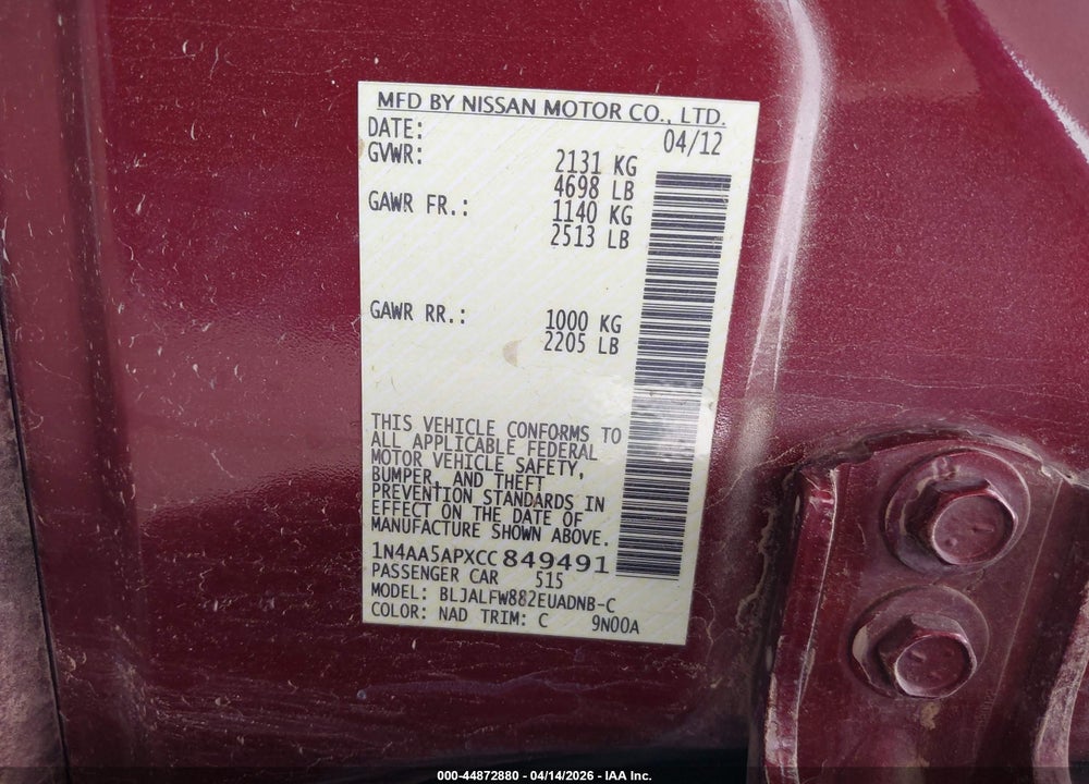 2012 NISSAN MAXIMA 3.5 SV VIN: 1N4AA5APXCC849491