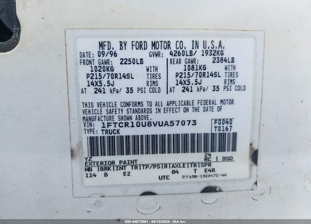 1997 FORD RANGER SPLASH/XL/XLT VIN: 1FTCR10U8VUA57073