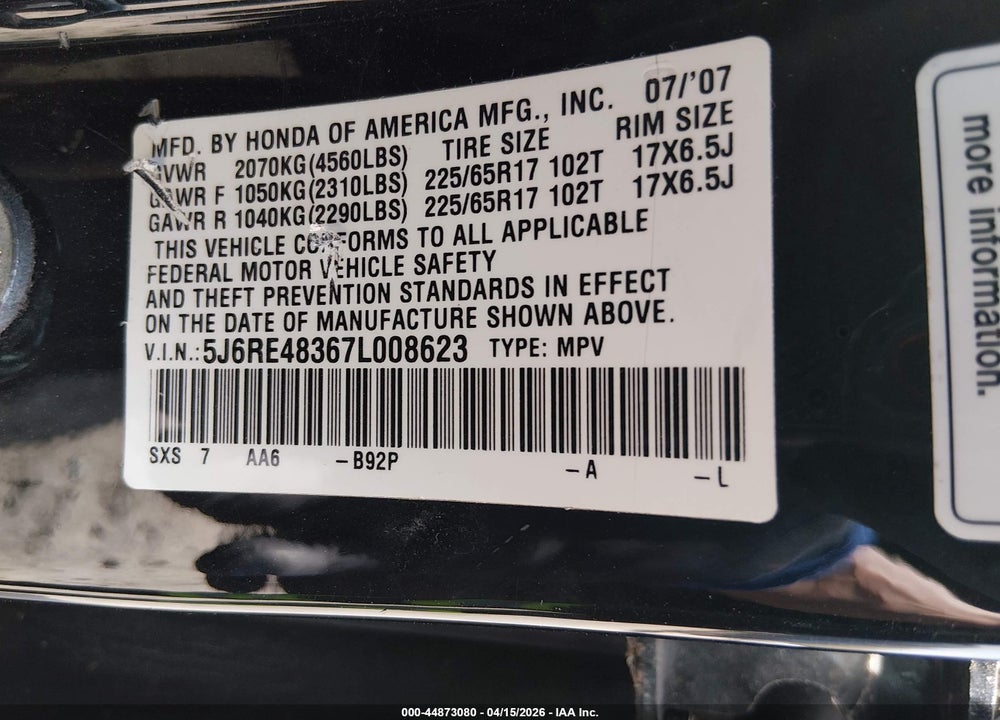 2007 HONDA CR-V LX VIN: 5J6RE48367L008623