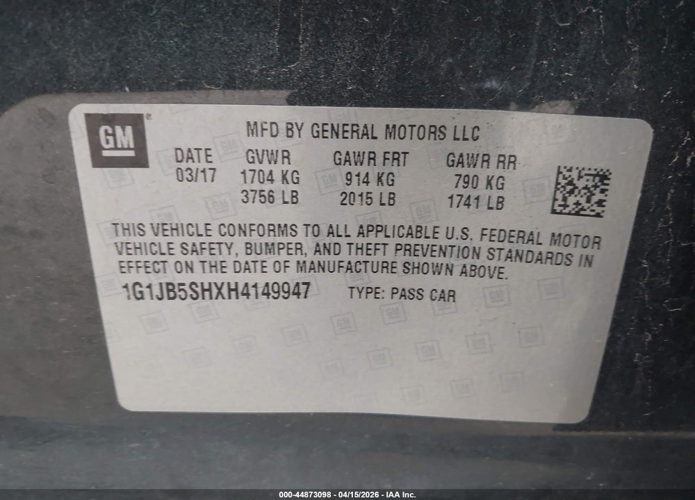 2017 CHEVROLET SONIC LS AUTO VIN: 1G1JB5SHXH4149947