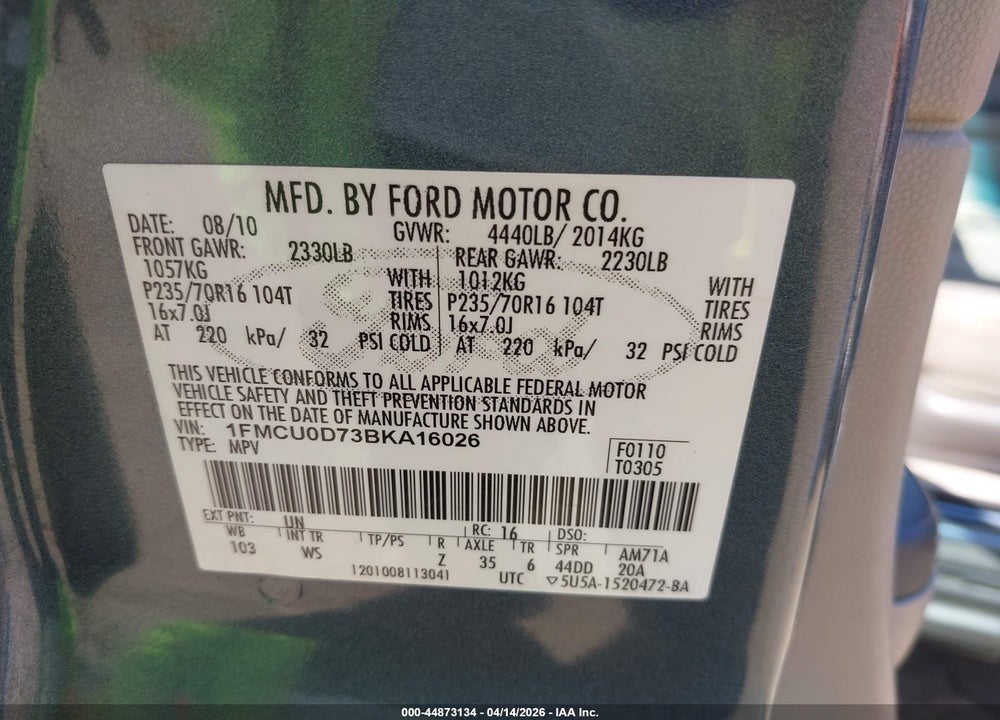 2011 FORD ESCAPE XLT VIN: 1FMCU0D73BKA16026