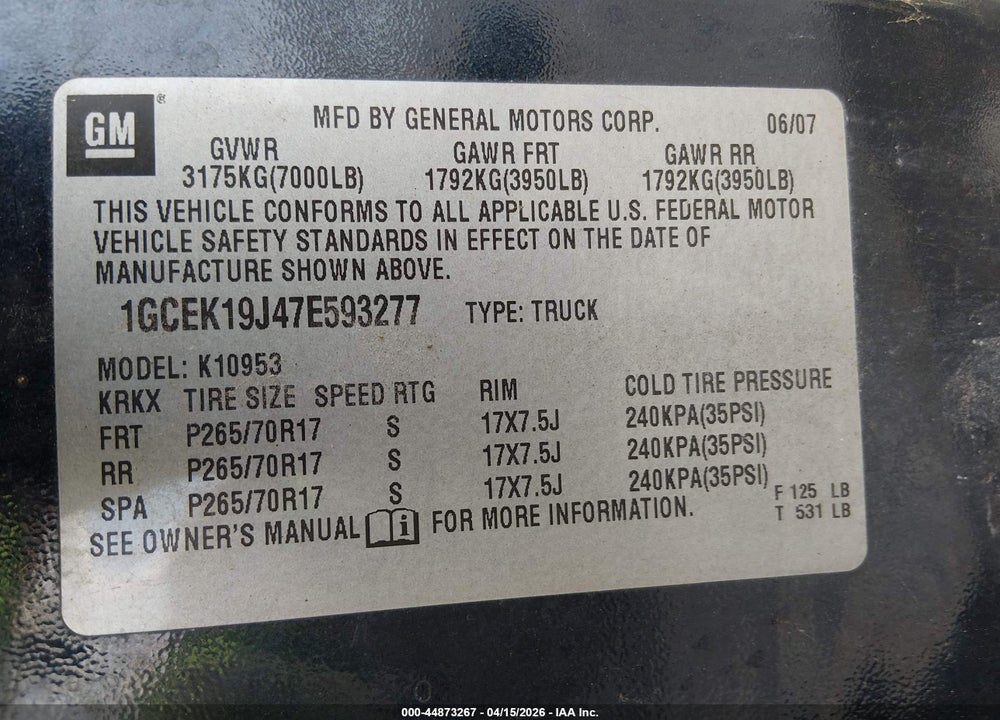 2007 CHEVROLET SILVERADO 1500 WORK TRUCK VIN: 1GCEK19J47E593277