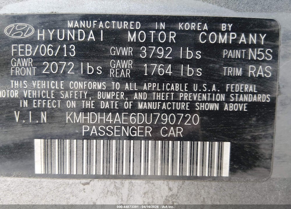 2013 HYUNDAI ELANTRA GLS VIN: KMHDH4AE6DU790720