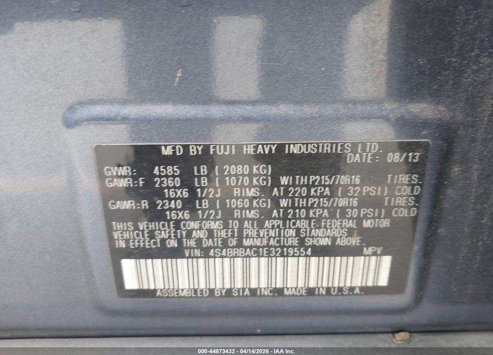 2014 SUBARU OUTBACK 2.5I VIN: 4S4BRBAC1E3219554