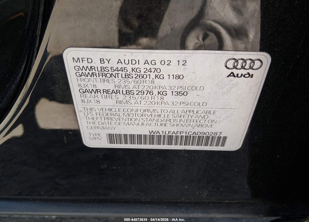 2012 AUDI Q5 2.0T PREMIUM VIN: WA1LFAFP1CA090287