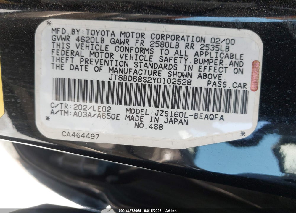 2000 LEXUS GS 300 VIN: JT8BD68S2Y0102528