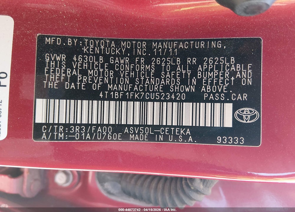 2012 TOYOTA CAMRY L VIN: 4T1BF1FK7CU523420