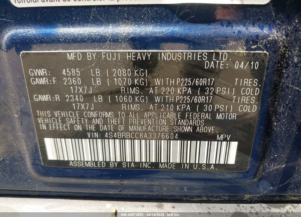 2010 SUBARU OUTBACK 2.5I PREMIUM VIN: 4S4BRBCC8A3376604
